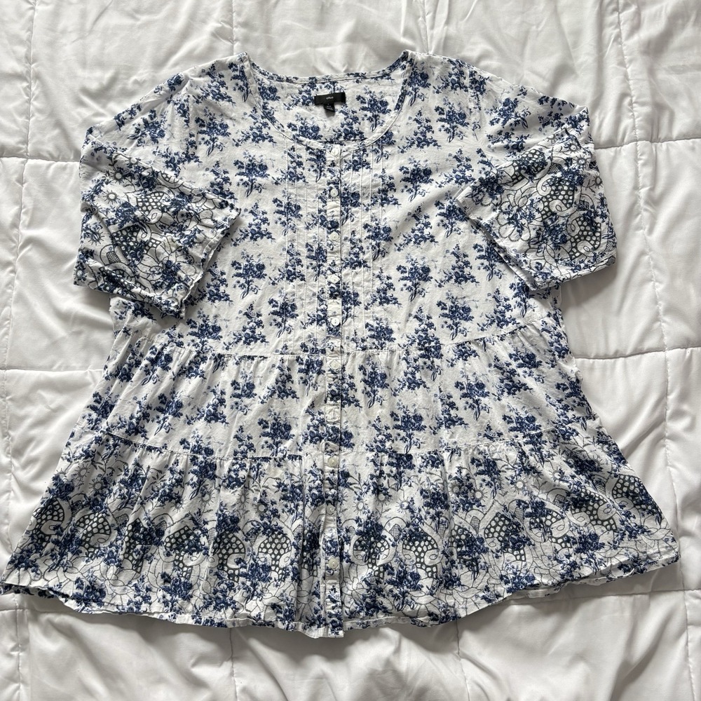 Ellos Tunic Top Womens Large 18/20 White Floral 3/4 Sleeve Tiered 100% Cotton‎